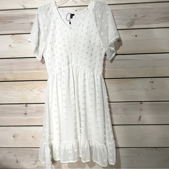White Swiss Dot Smocked Dress w/Flutter Sleeve - Picture 1 of 6